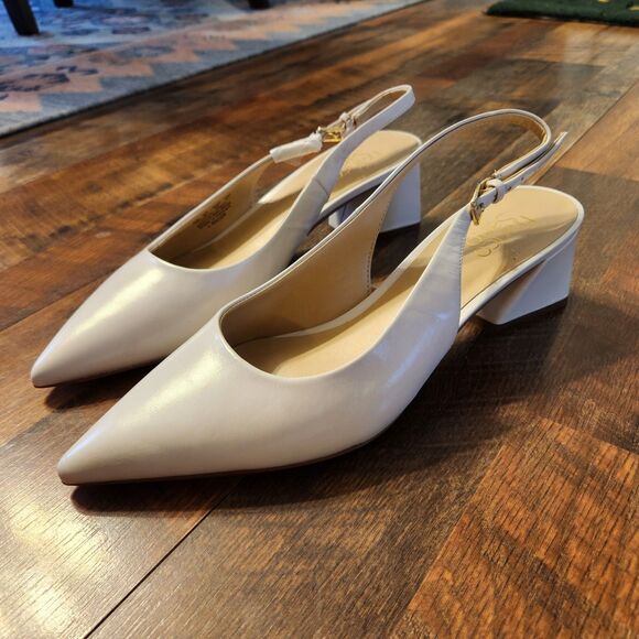 NEW Franco Sarto Sandals Womens 10M Racer Heeled Pointed Toe Slingback Cream - Picture 2 of 13